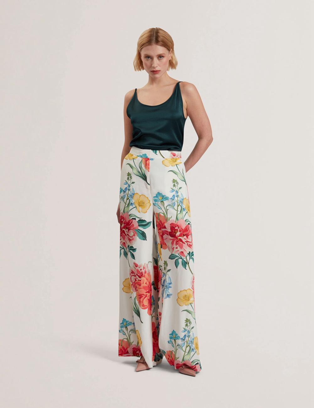 Ted Baker NYMPHAT - Floral Print High Waisted Wide Leg Women Trousers White | UAE  19507-IHVN