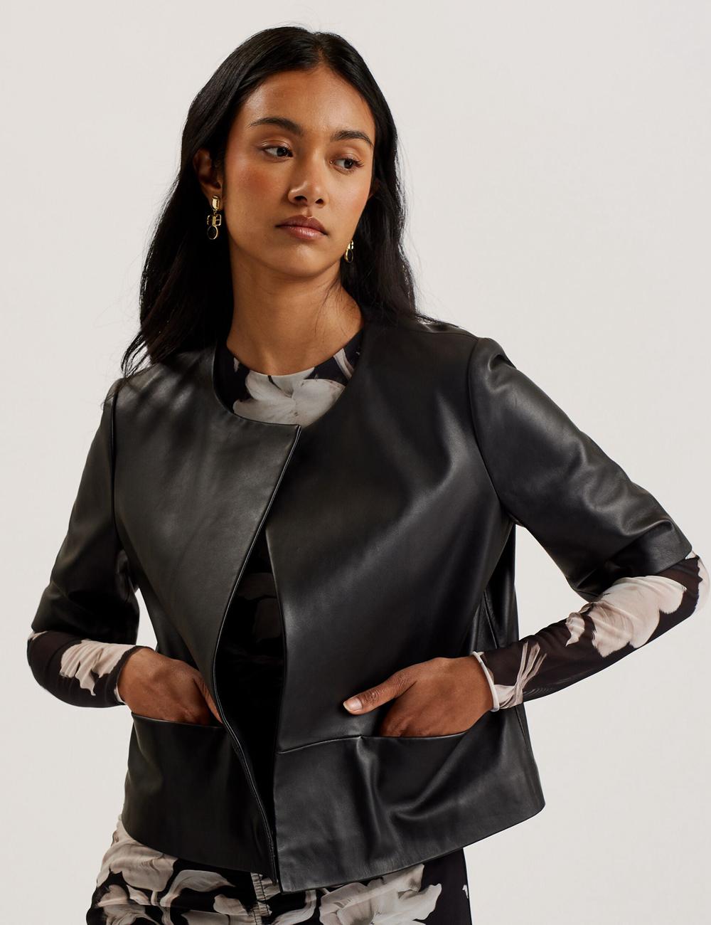 Ted Baker OBINO - Cropped Sleeve Open Leather Women Jackets Black | UAE  29143-CMYA