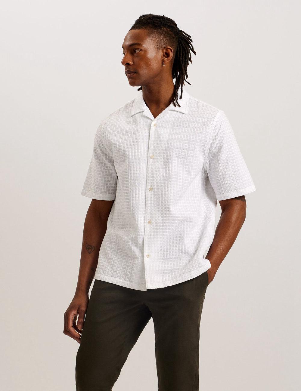 Ted Baker OISE - Textured Grid Cotton Short Sleeve Men Casual Shirts White | UAE  38590-KMLA