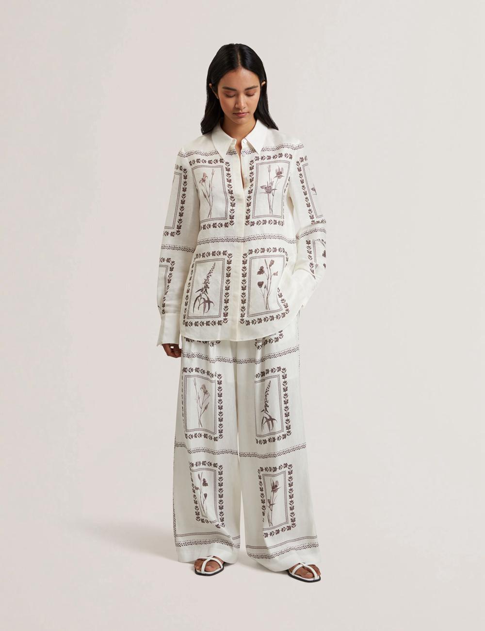 Ted Baker ORNITHA - Panel Print Silk Linen Wide Leg Women Trousers Ivory | UAE  17852-OCZM