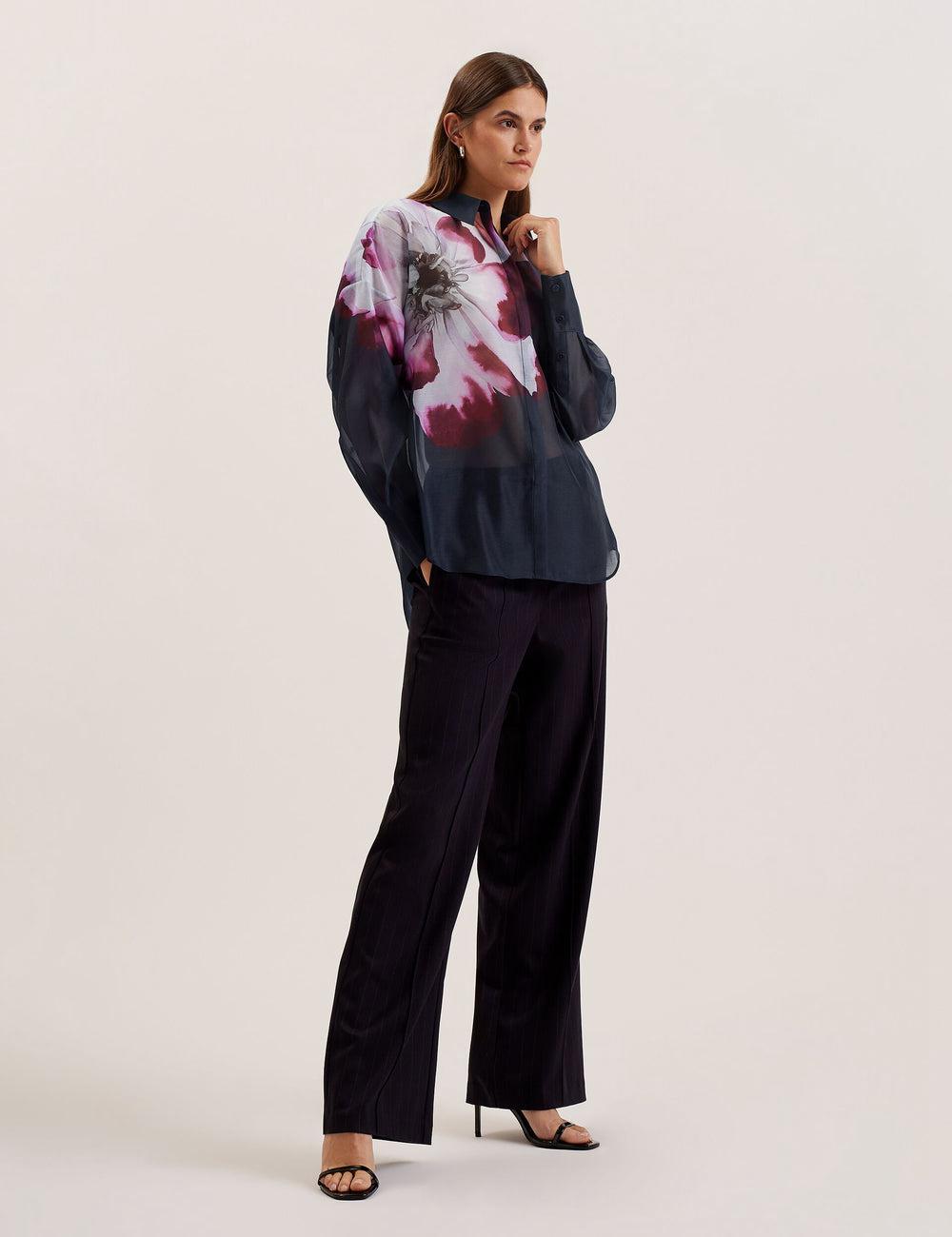 Ted Baker ORRIN - Floral Sheer Organza Oversized Women Casual Shirts Navy | UAE  13297-PAEZ