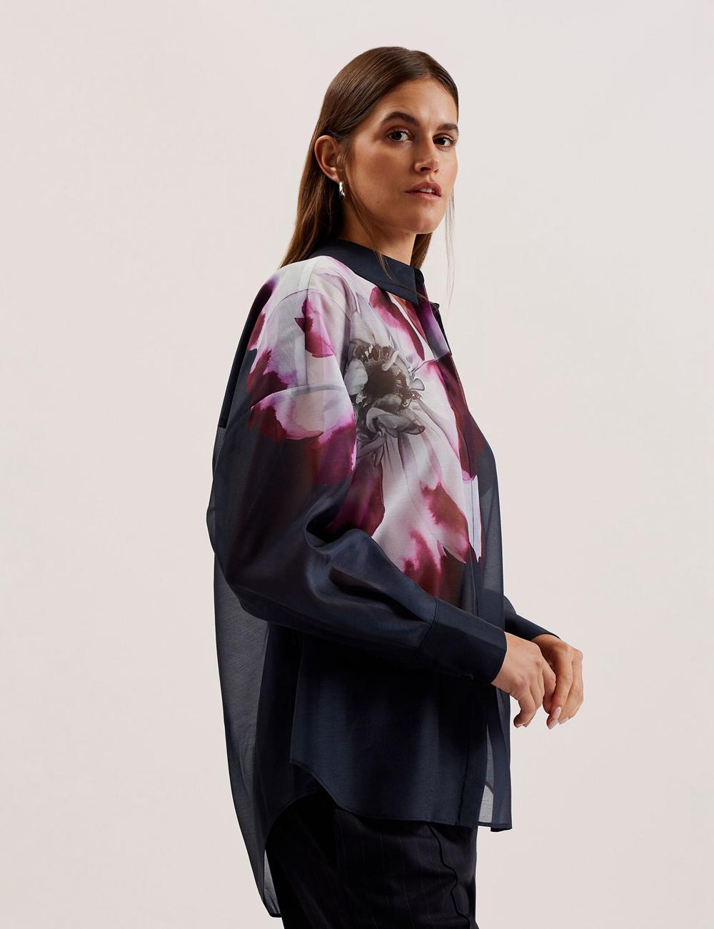 Ted Baker ORRIN - Floral Sheer Organza Oversized Women Casual Shirts Navy | UAE  13297-PAEZ