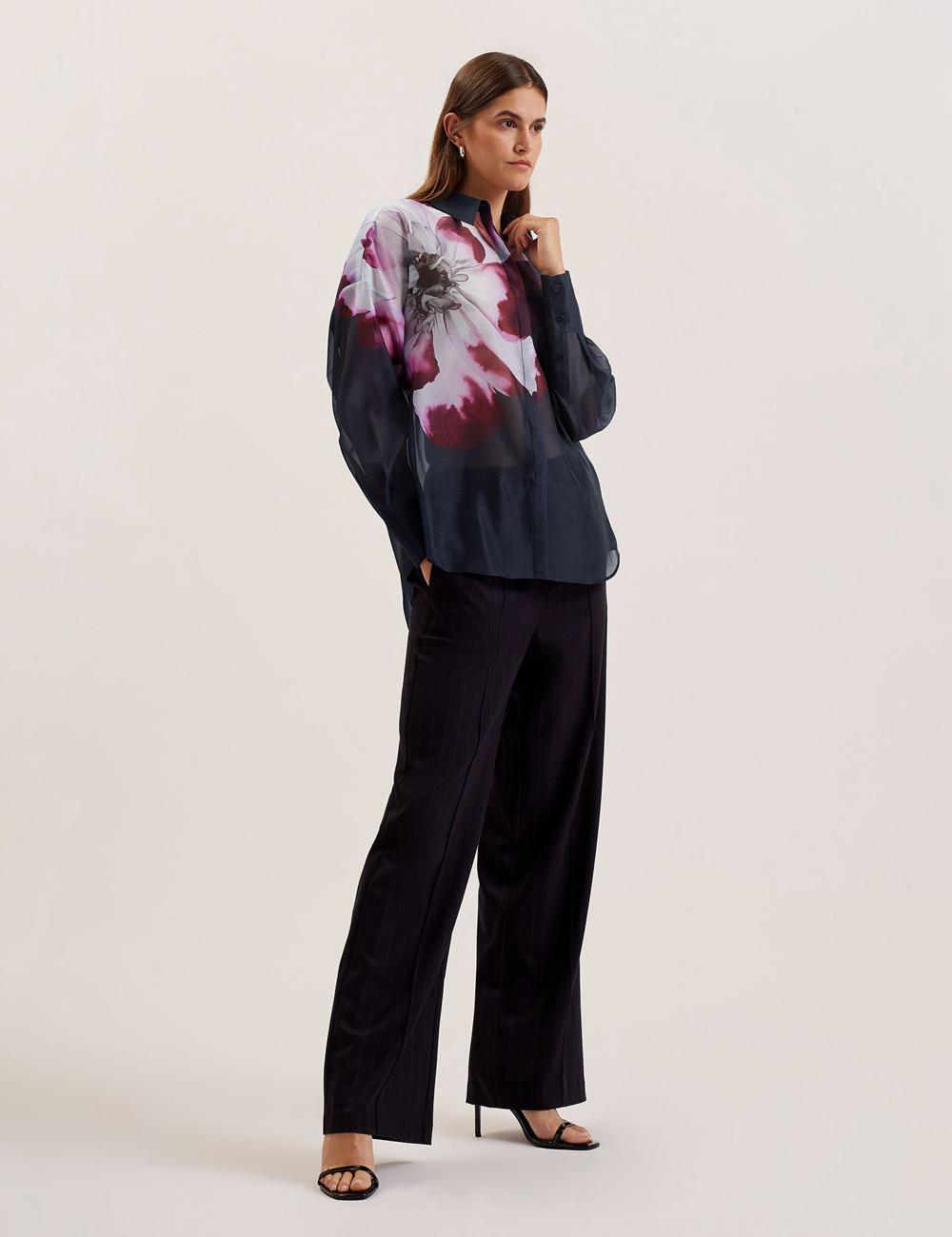Ted Baker ORRIN - Floral Sheer Organza Oversized Women Casual Shirts Navy | UAE  13297-PAEZ