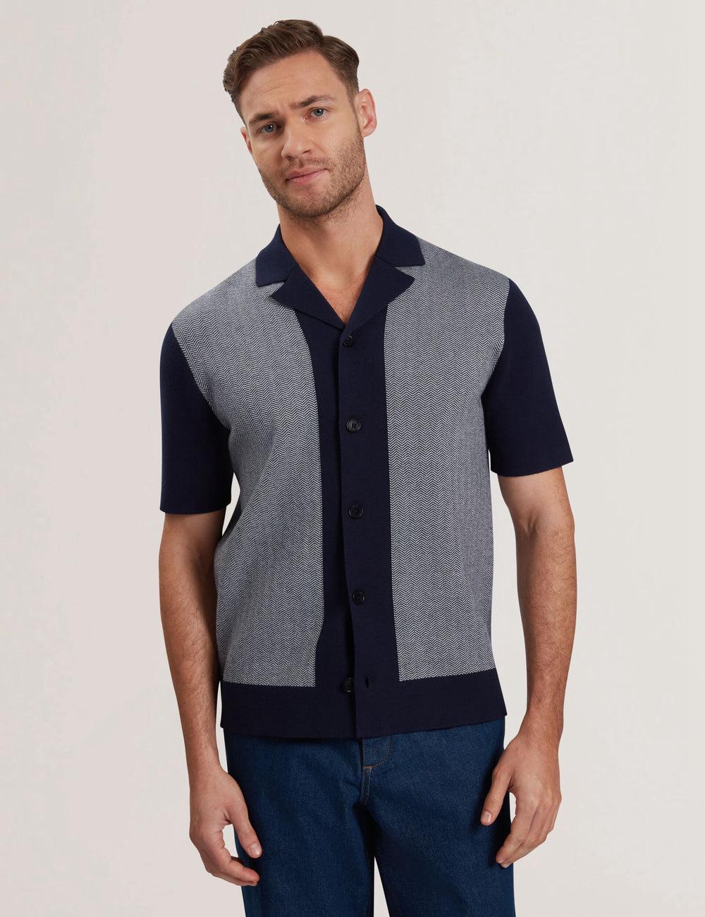 Ted Baker PADRIG - Herringbone Knit Colour Block Short Sleeve Men Casual Shirts Navy | UAE  41680-KIWH