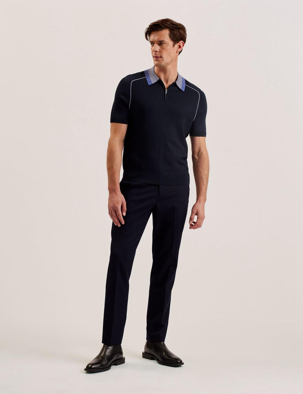 Ted Baker PAXTO - Textured Zip With Striped Collar Men Polos Shirts Navy | UAE  87329-OHUJ