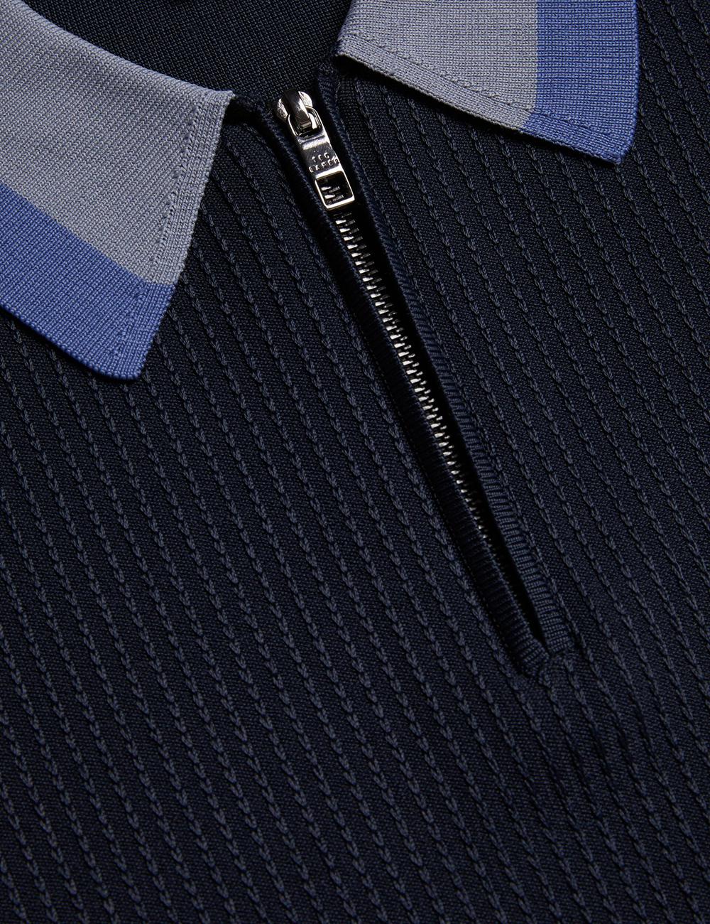 Ted Baker PAXTO - Textured Zip With Striped Collar Men Polos Shirts Navy | UAE  87329-OHUJ