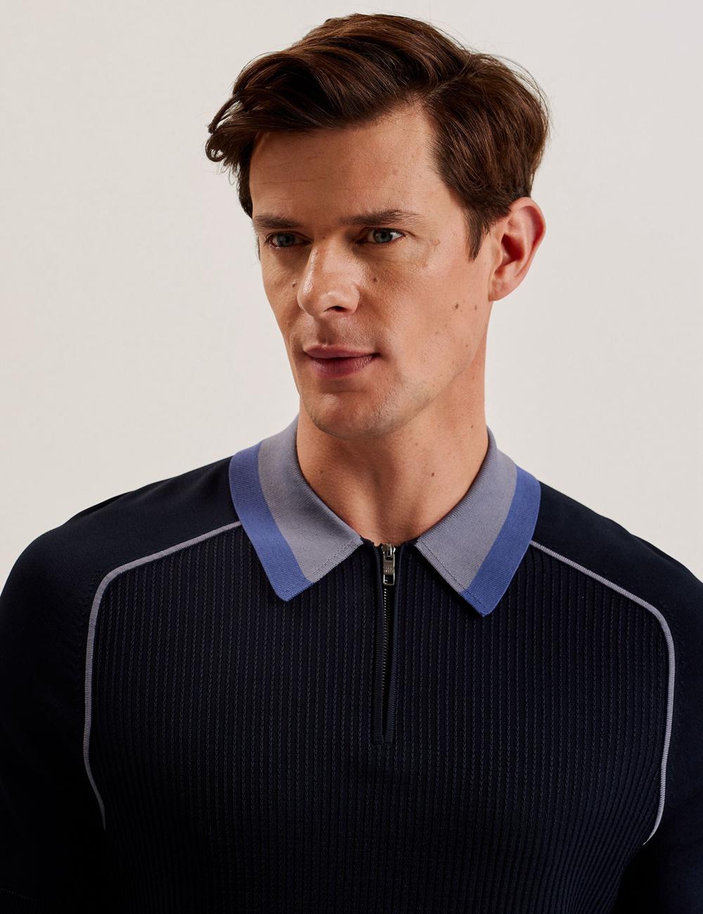 Ted Baker PAXTO - Textured Zip With Striped Collar Men Polos Shirts Navy | UAE  87329-OHUJ