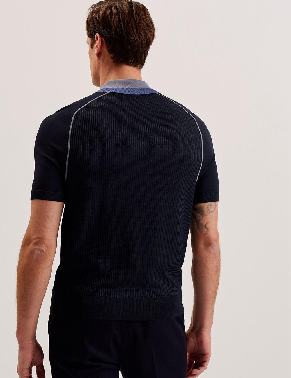 Ted Baker PAXTO - Textured Zip With Striped Collar Men Polos Shirts Navy | UAE  87329-OHUJ