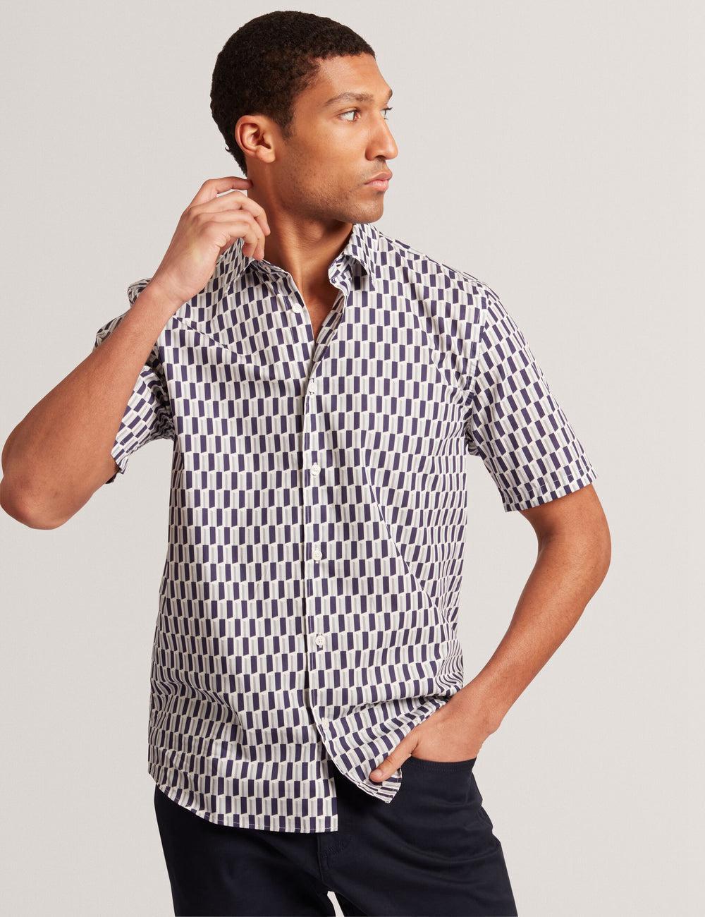 Ted Baker PEARSOS - Geo Print Short Sleeve Cotton Men Casual Shirts Navy | UAE  28935-TFUA