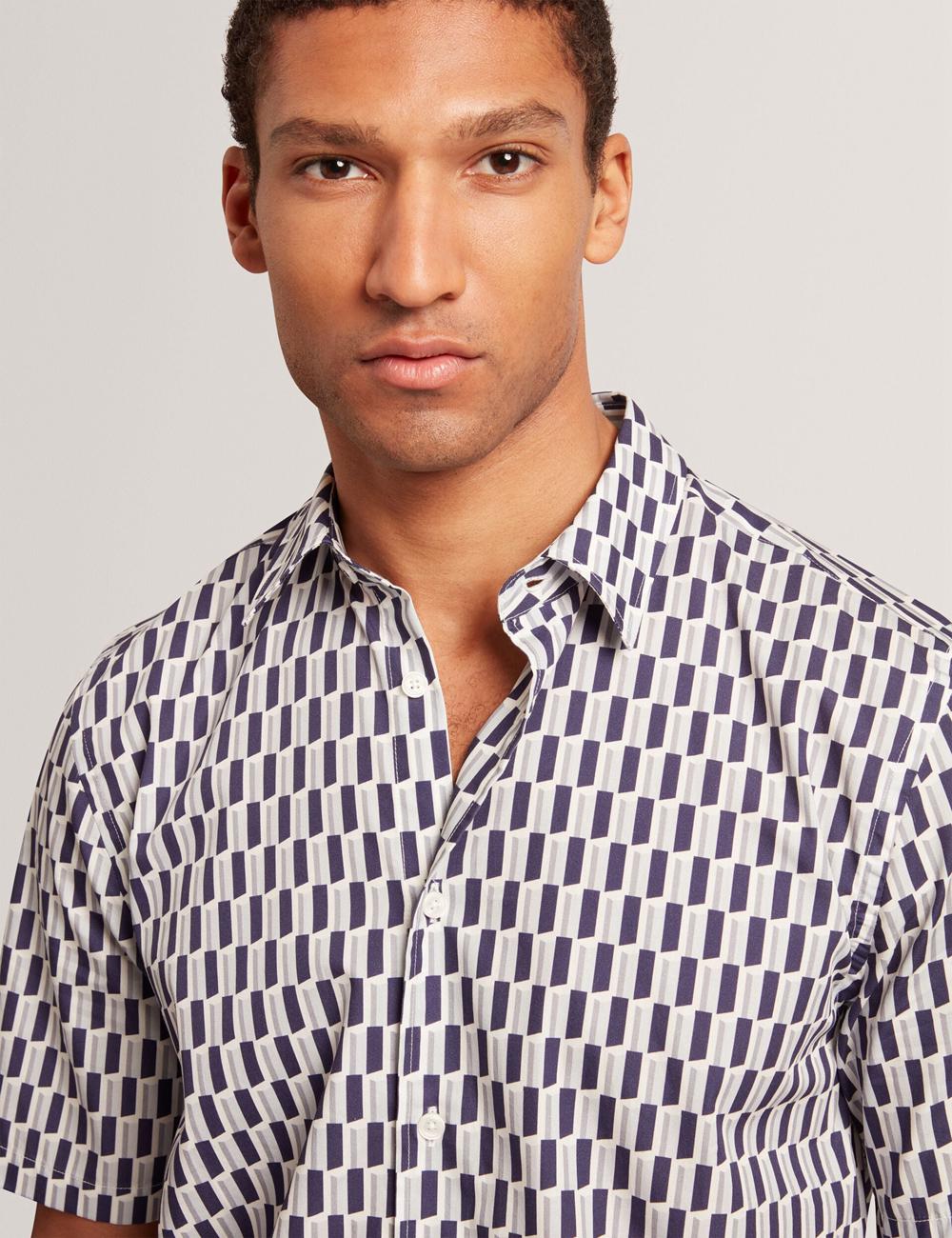 Ted Baker PEARSOS - Geo Print Short Sleeve Cotton Men Casual Shirts Navy | UAE  28935-TFUA