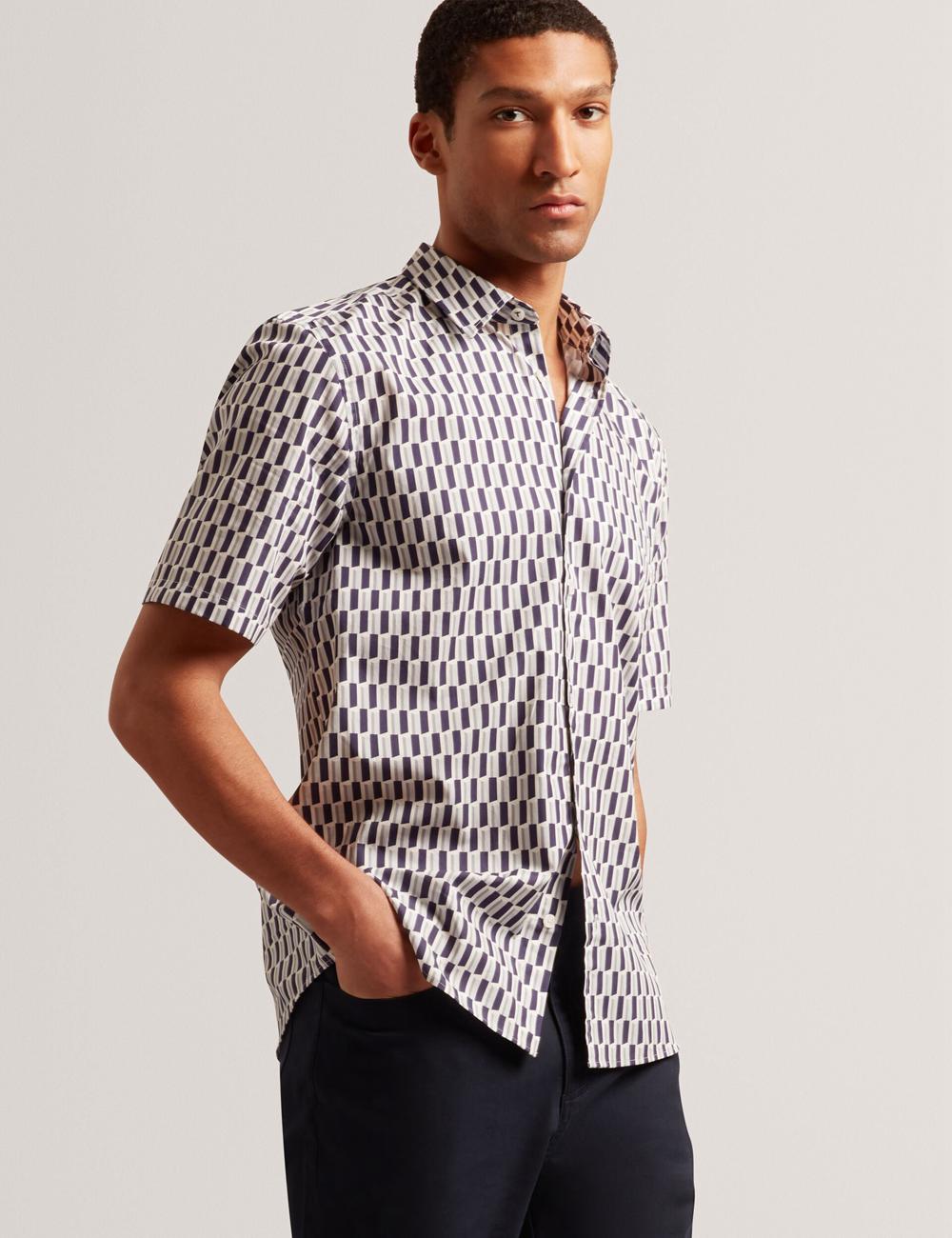 Ted Baker PEARSOS - Geo Print Short Sleeve Cotton Men Casual Shirts Navy | UAE  28935-TFUA