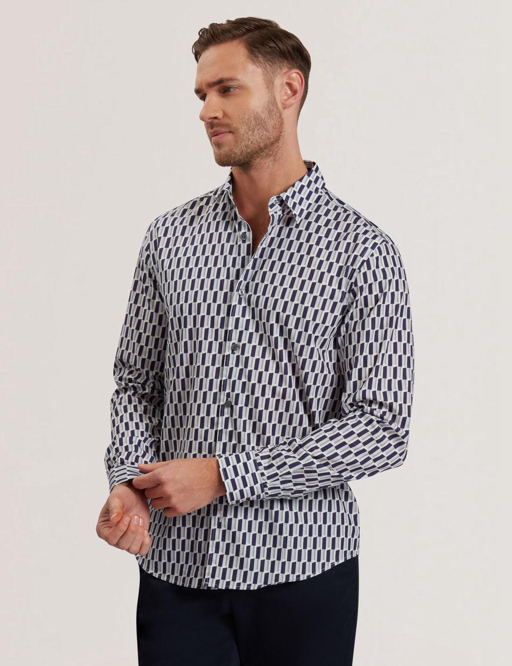 Ted Baker PEARSO - Geometric Stripe Long Sleeve Cotton Men Casual Shirts Navy | UAE  75249-GTQB