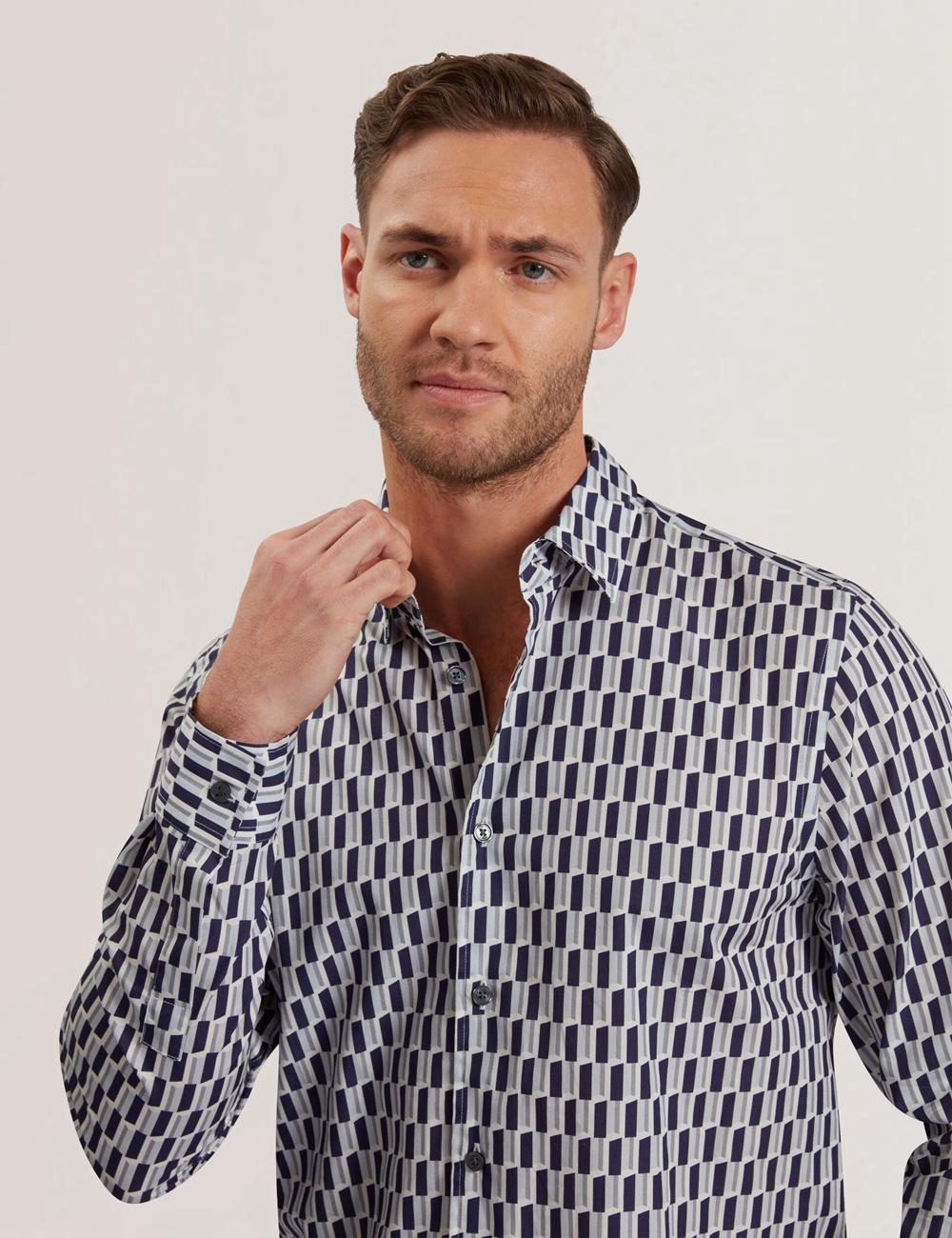 Ted Baker PEARSO - Geometric Stripe Long Sleeve Cotton Men Casual Shirts Navy | UAE  75249-GTQB