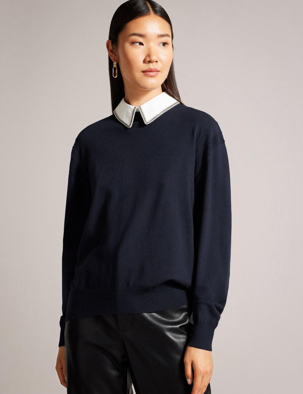 Ted Baker PENNII - Mockable With Embellished Shirt Collar Women Jumpers Navy | UAE  43708-VNWQ