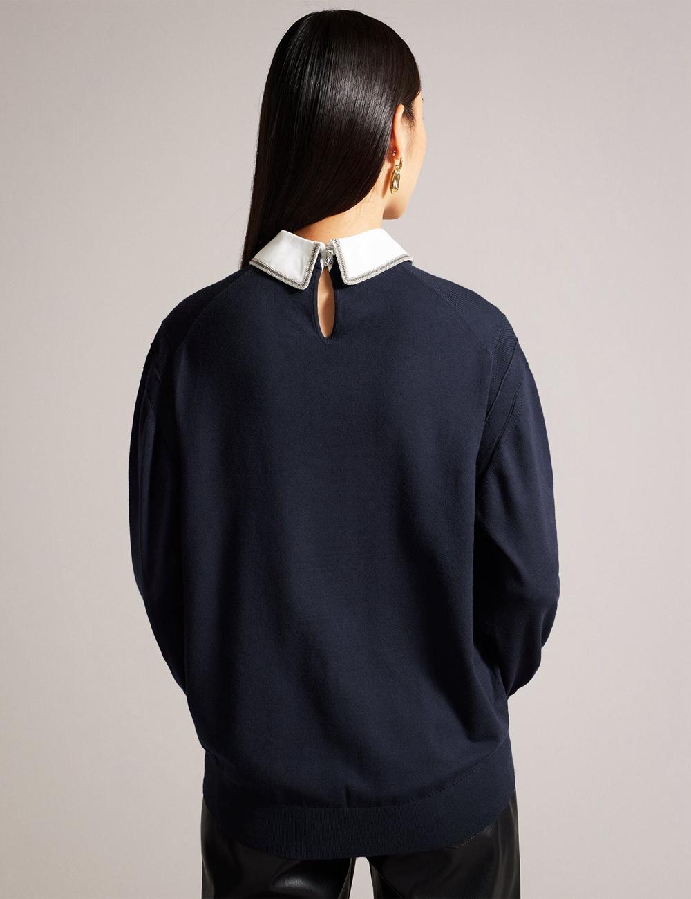 Ted Baker PENNII - Mockable With Embellished Shirt Collar Women Jumpers Navy | UAE  43708-VNWQ