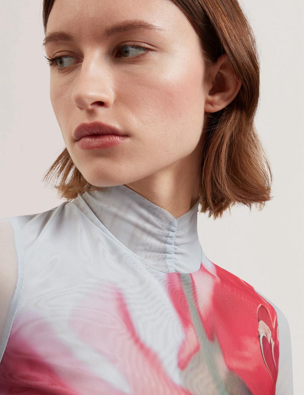 Ted Baker PIPYA - Floral High Neck Long Sleeve Mesh Women Tops Blue | UAE  58379-IDBY