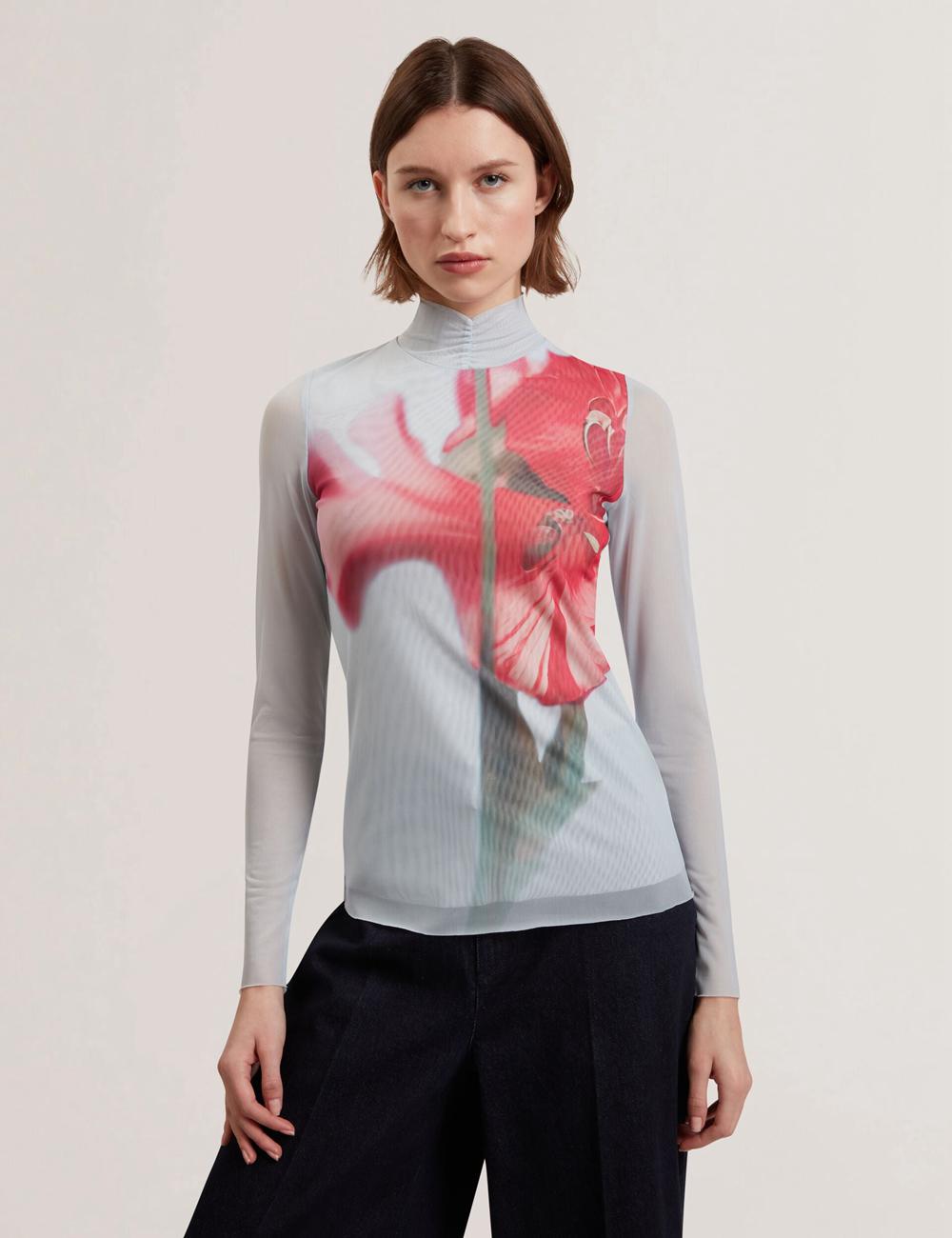 Ted Baker PIPYA - Floral High Neck Long Sleeve Mesh Women Tops Blue | UAE  58379-IDBY