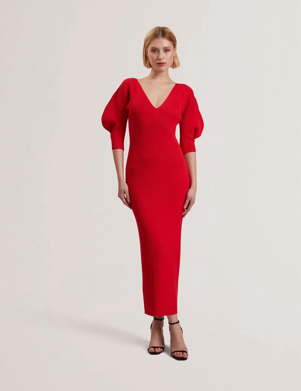 Ted Baker PRICILA - Shaped Sleeve Knitted Bodycon Women Midi Dresses Red | UAE  41079-JRNT