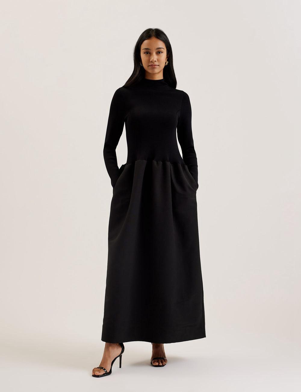 Ted Baker PYLIA - Structured With Knitted Bodice Women Maxi Dresses Black | UAE  65731-TVZN