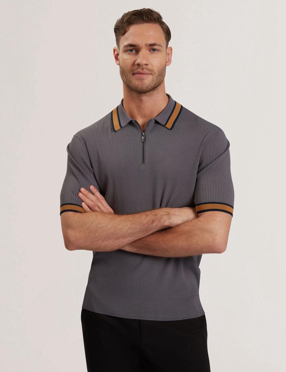 Ted Baker RAFAELO - Striped Trim Zip Neck Ribbed Men Polos Shirts Dk-Grey | UAE  89617-JPZL