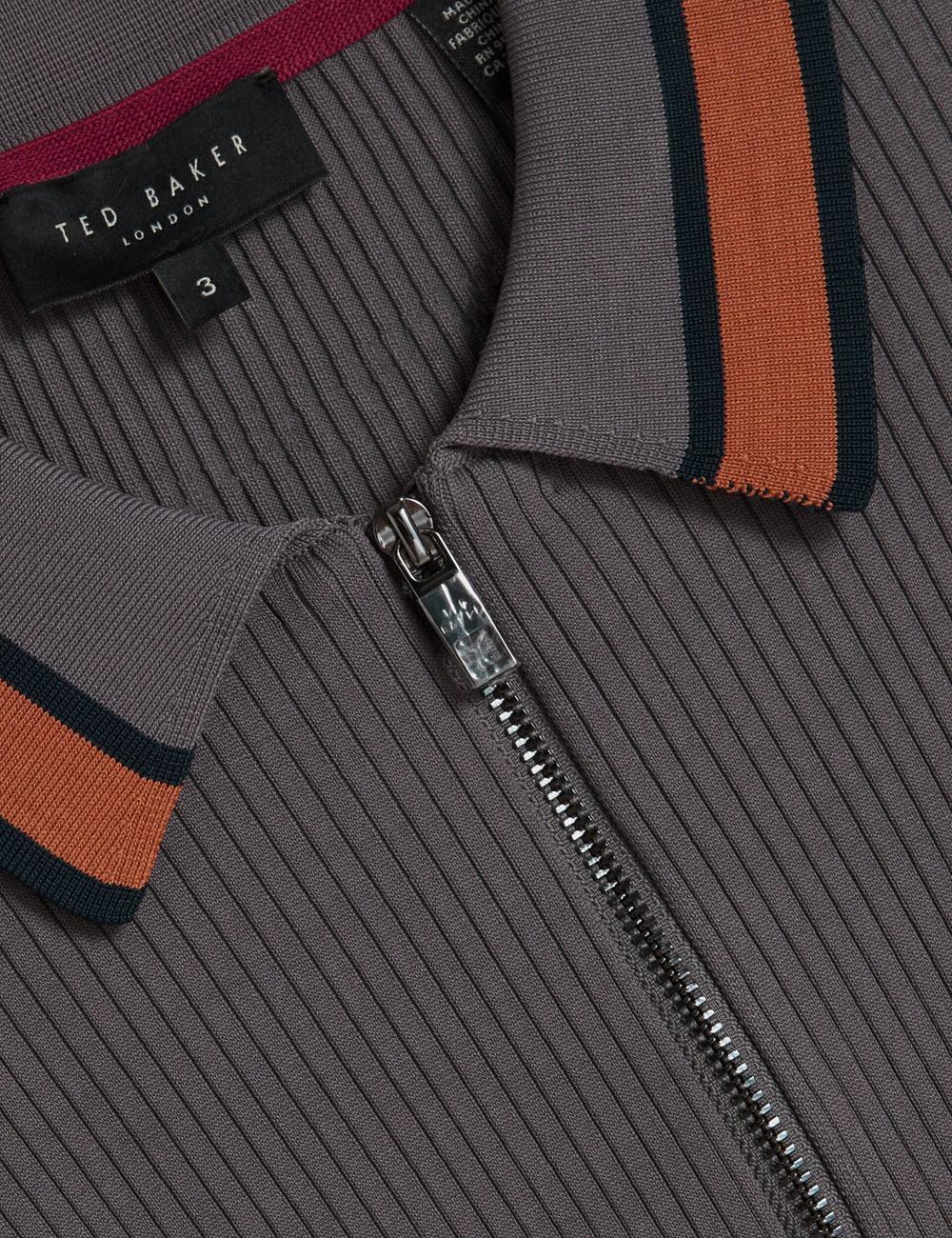 Ted Baker RAFAELO - Striped Trim Zip Neck Ribbed Men Polos Shirts Dk-Grey | UAE  89617-JPZL