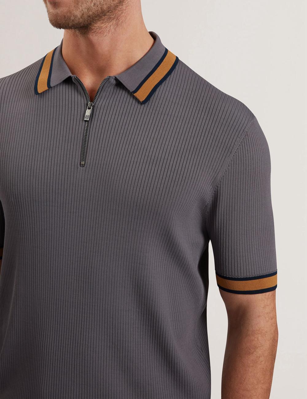 Ted Baker RAFAELO - Striped Trim Zip Neck Ribbed Men Polos Shirts Dk-Grey | UAE  89617-JPZL