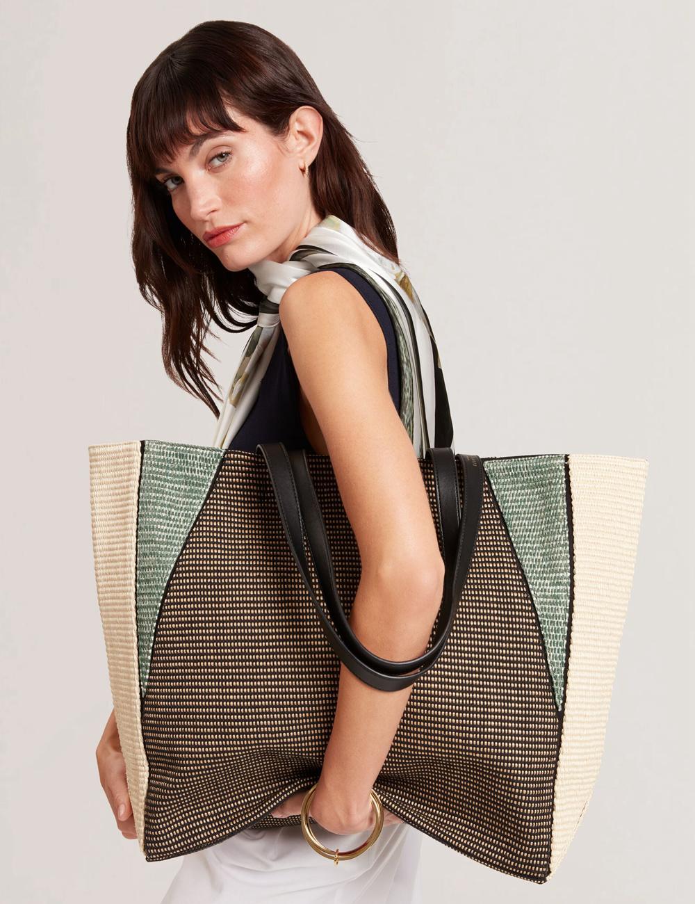 Ted Baker RAFIYA - Woven Colour Block Folding Shopper Women Shopper Bags Black | UAE  45381-CLIA