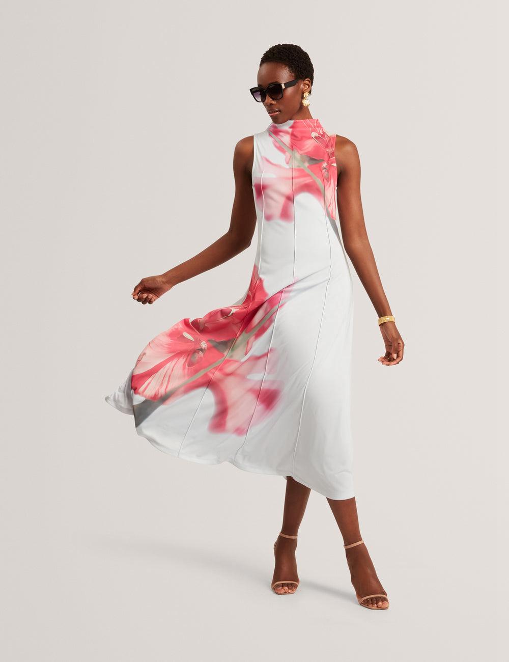 Ted Baker REBEHKA - High Neck Printed Jersey Women Midi Dresses Blue | UAE  12539-ACHS