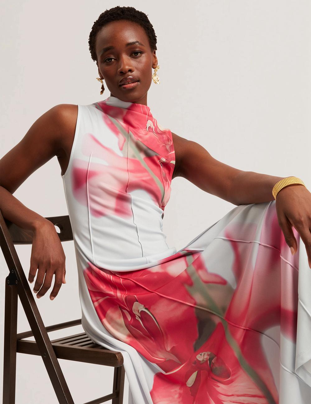 Ted Baker REBEHKA - High Neck Printed Jersey Women Midi Dresses Blue | UAE  12539-ACHS