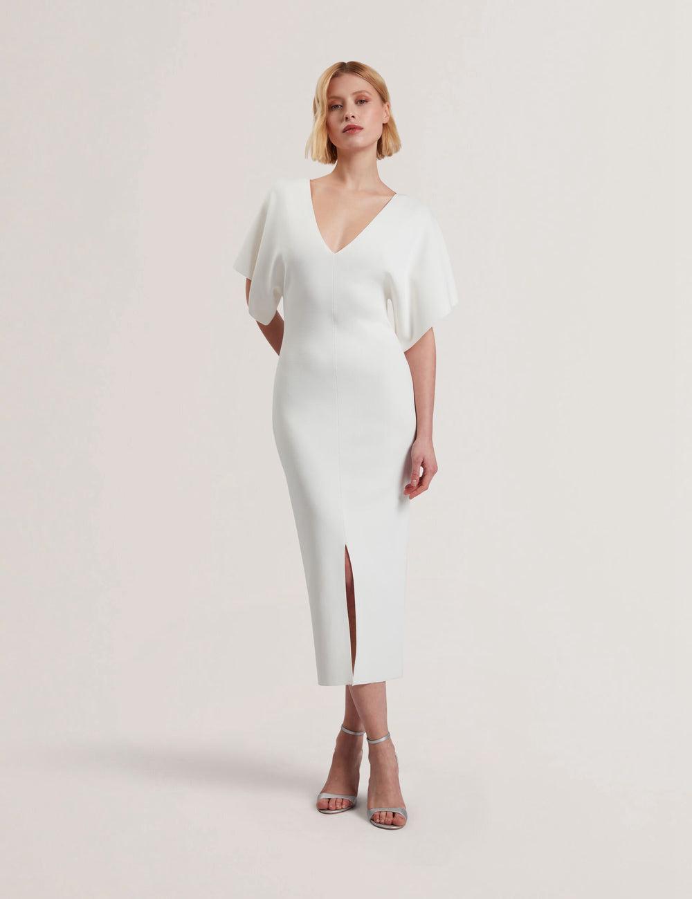 Ted Baker REBEXXA - Wide Sleeve Knitted Bodycon Women Midi Dresses Ivory | UAE  60794-DASU