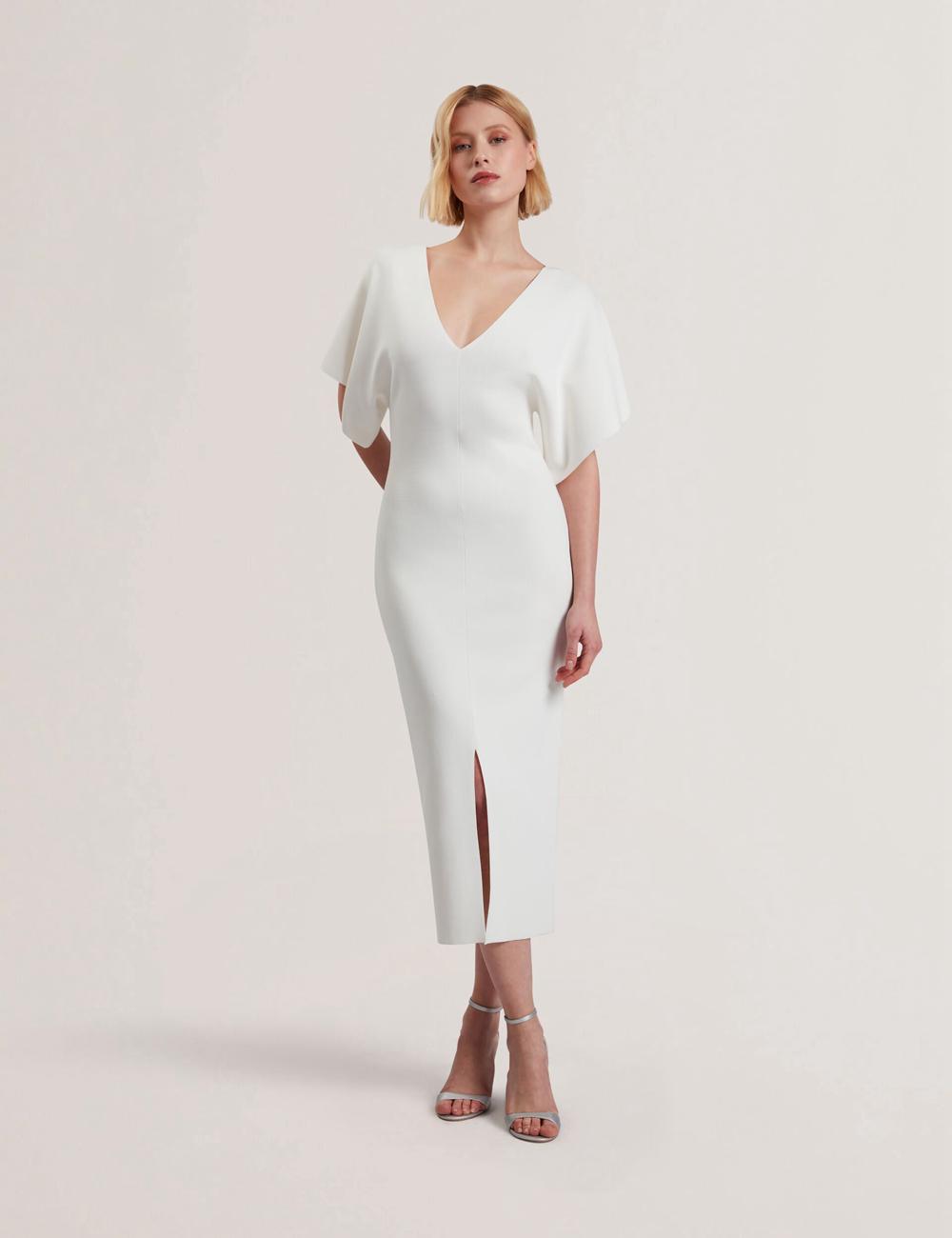 Ted Baker REBEXXA - Wide Sleeve Knitted Bodycon Women Midi Dresses Ivory | UAE  60794-DASU