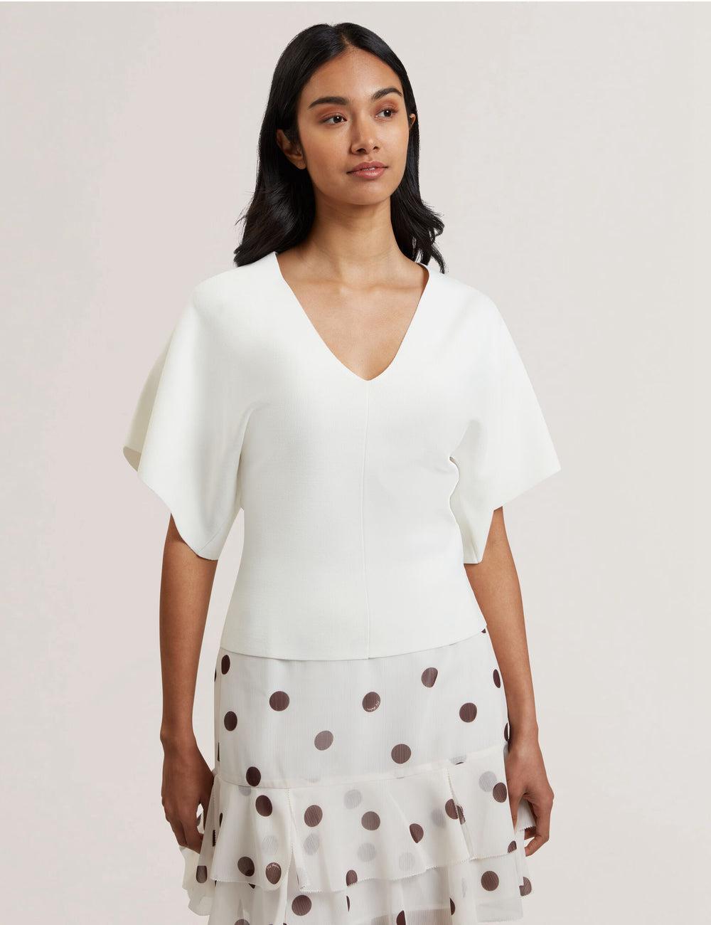 Ted Baker REGINAH - Wide Short Sleeve V-Neck Knitted Women Tops Ivory | UAE  16573-DWSY
