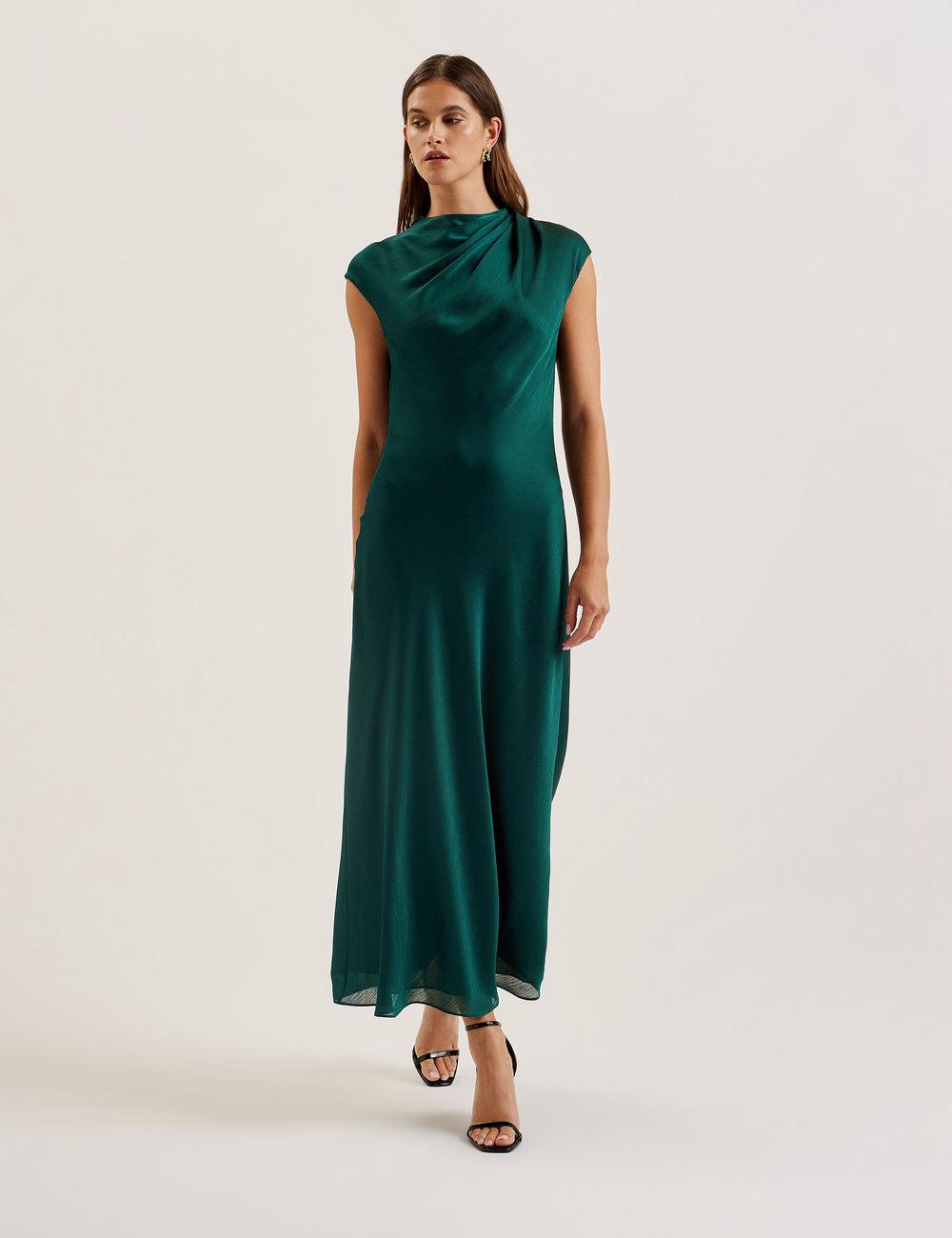 Ted Baker RIMINI - Chiffon Drape Neck Detail Women Maxi Dresses Dk-Green | UAE  49768-LKHA