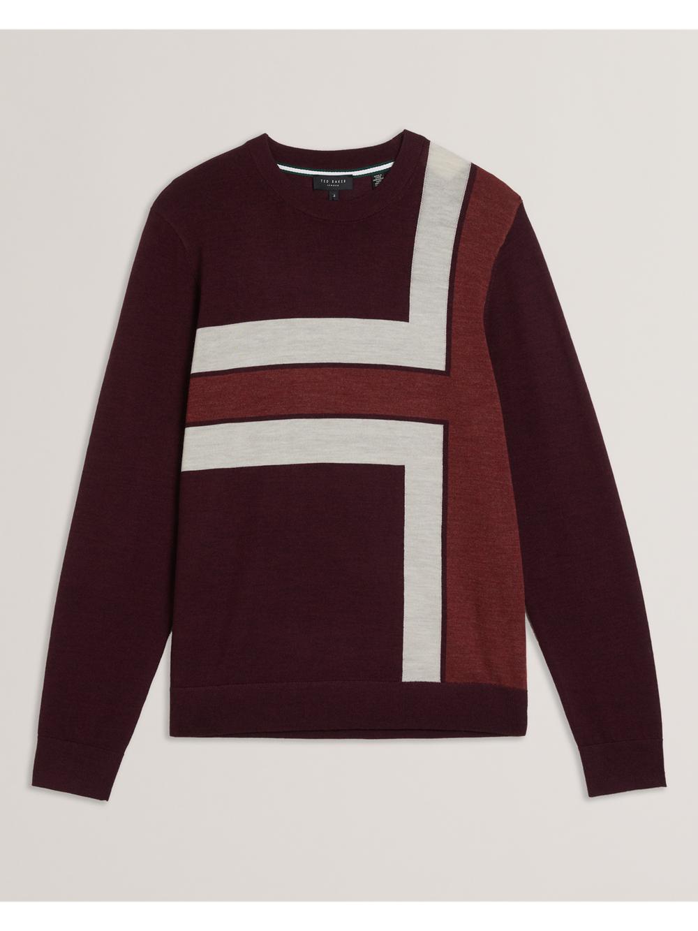 Ted Baker ROIKA - Colour Block Crew Neck Wool Men Jumpers Maroon | UAE  06214-UEDK