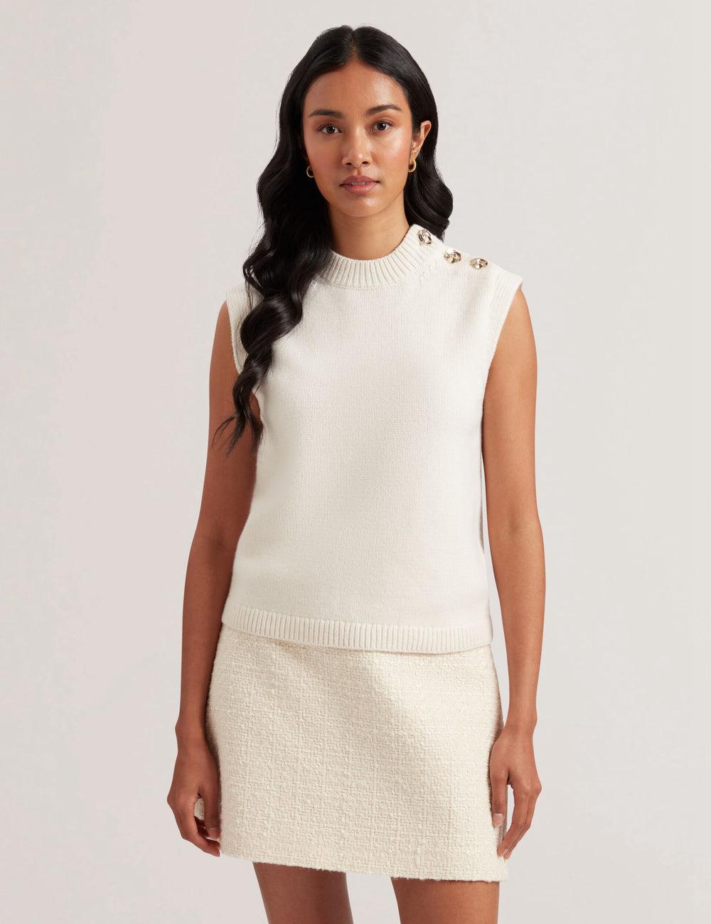 Ted Baker RONDHER - Rose Button Wool Knit Women Tank Tops Ivory | UAE  28563-AQIH