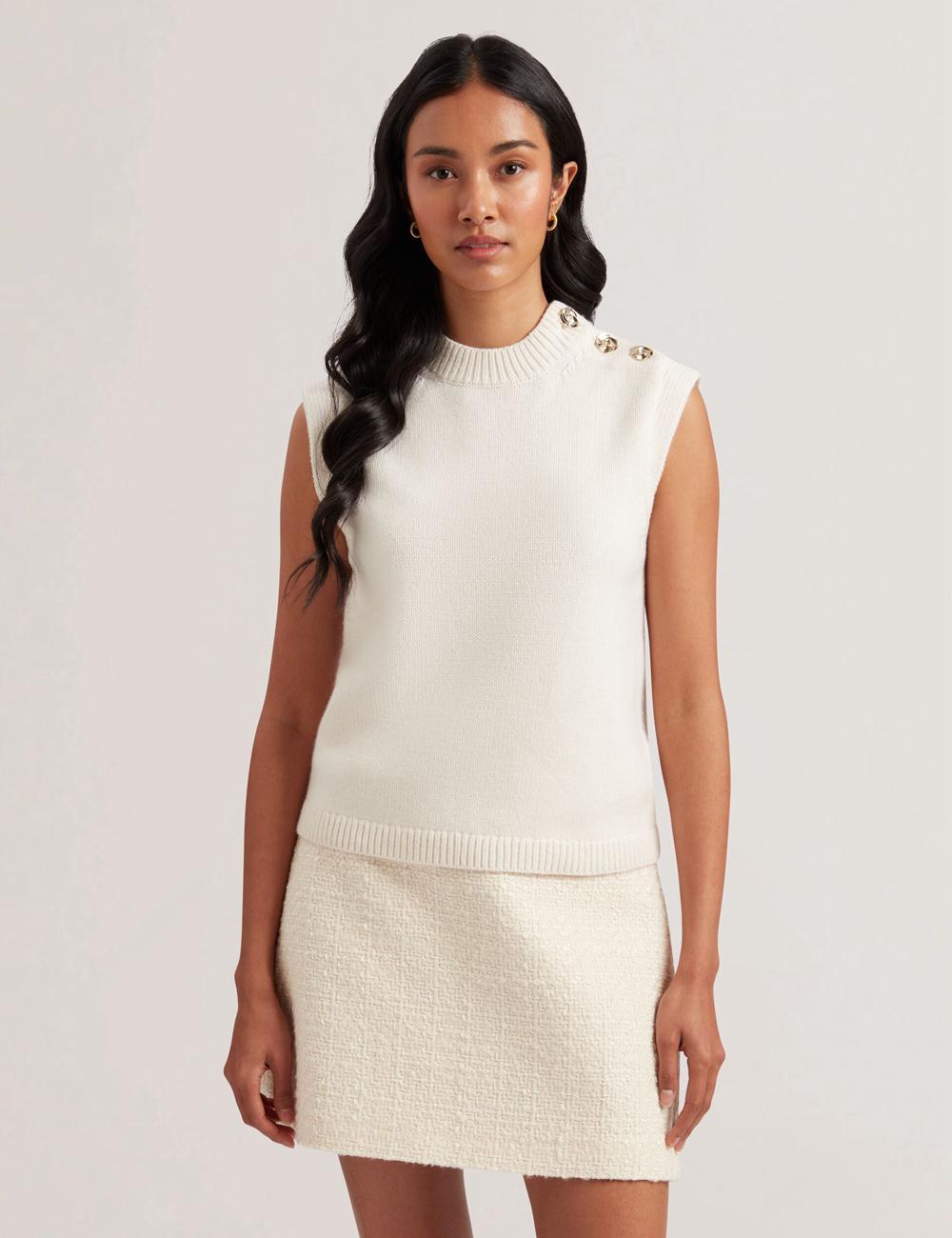 Ted Baker RONDHER - Rose Button Wool Knit Women Tank Tops Ivory | UAE  28563-AQIH