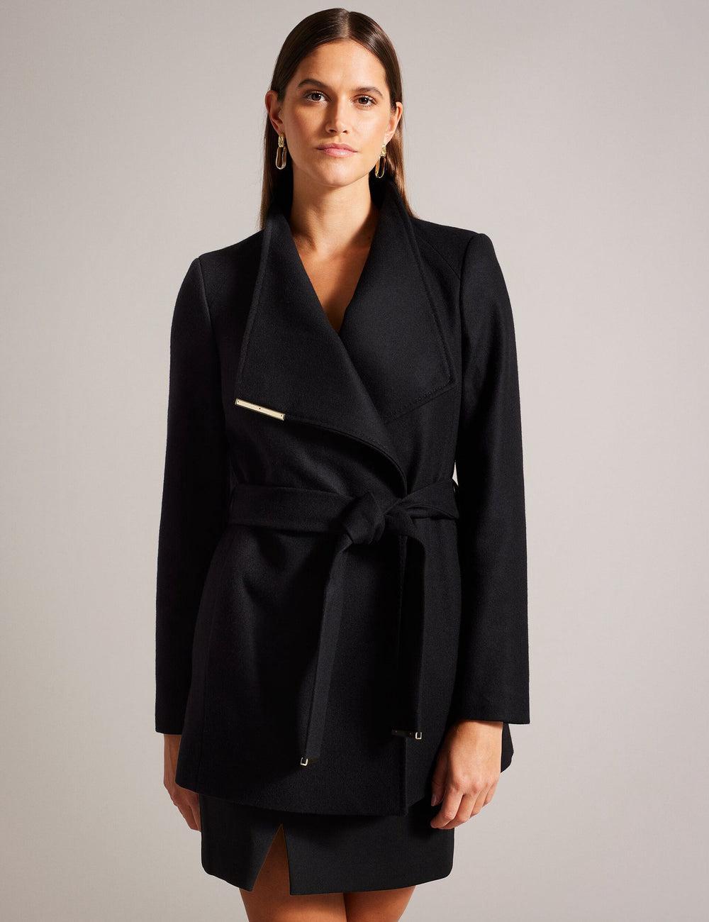 Ted Baker ROSESS - Short Belted Wool Wrap Coat Women Jackets Black | UAE  05627-KZJP