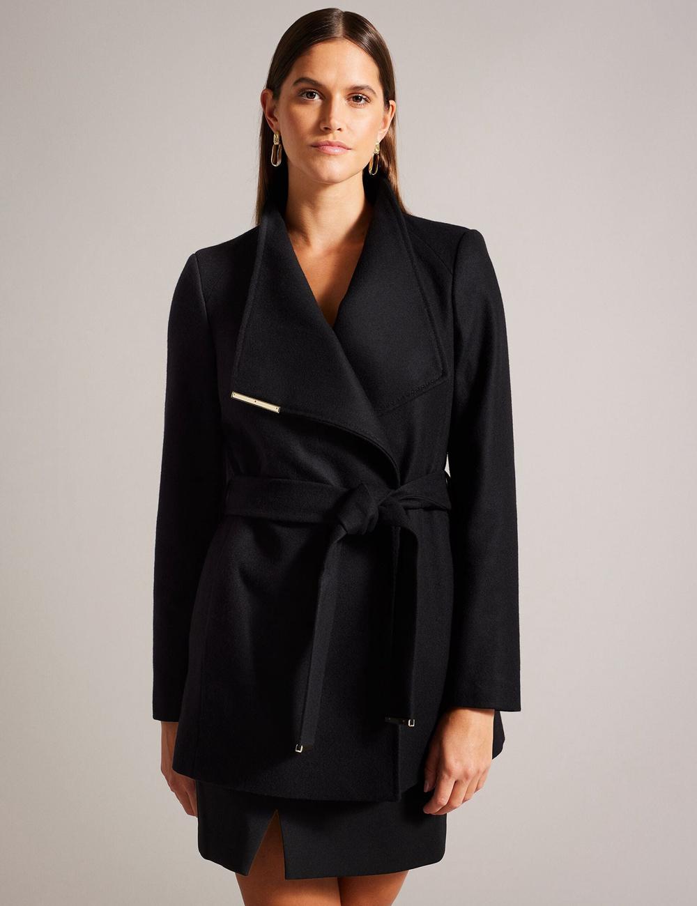 Ted Baker ROSESS - Short Belted Wool Wrap Coat Women Jackets Black | UAE  05627-KZJP