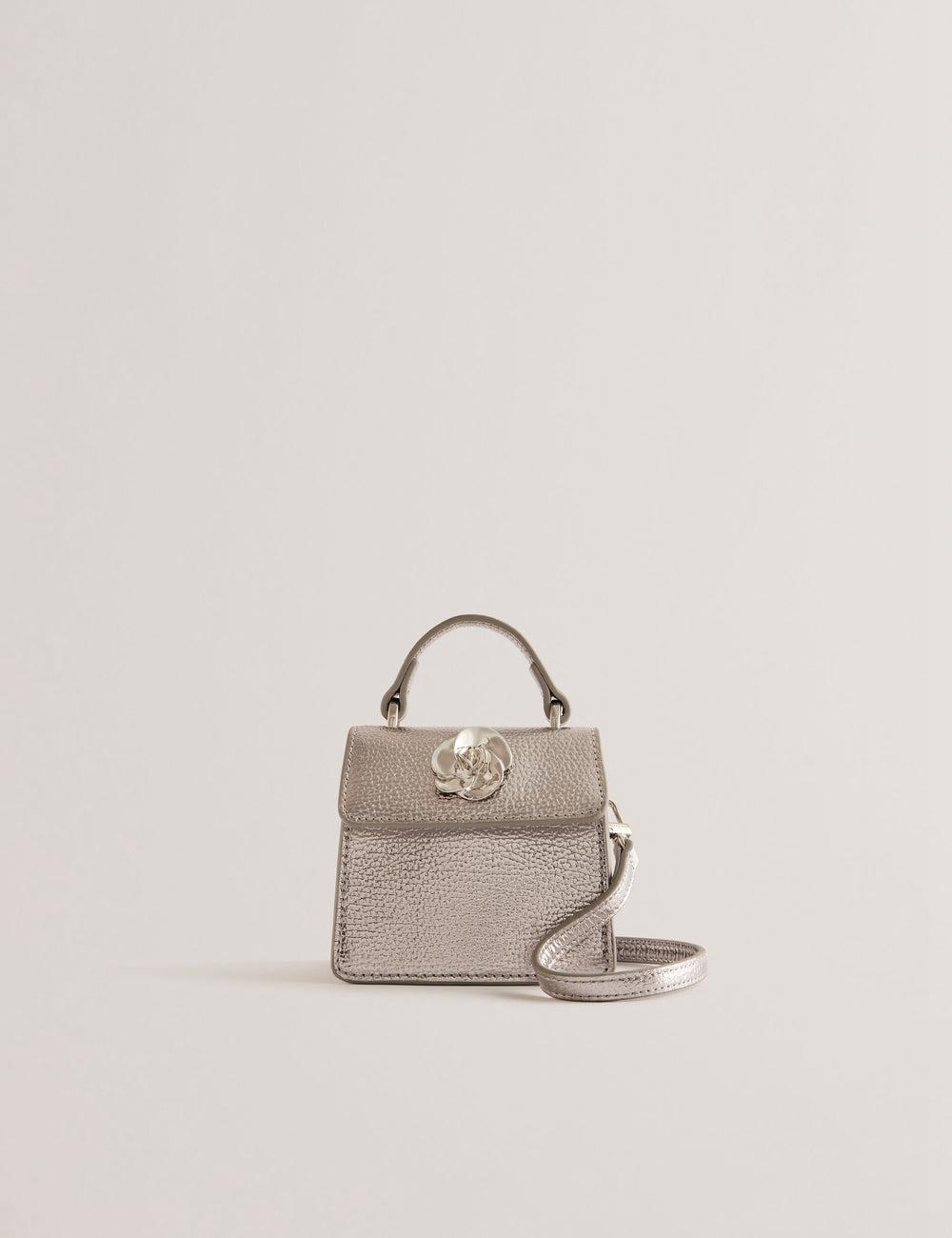 Ted Baker ROSLIE - Metallic Leather Mini Top Handle Women Shoulder Bags Silver | UAE  25310-OTQF