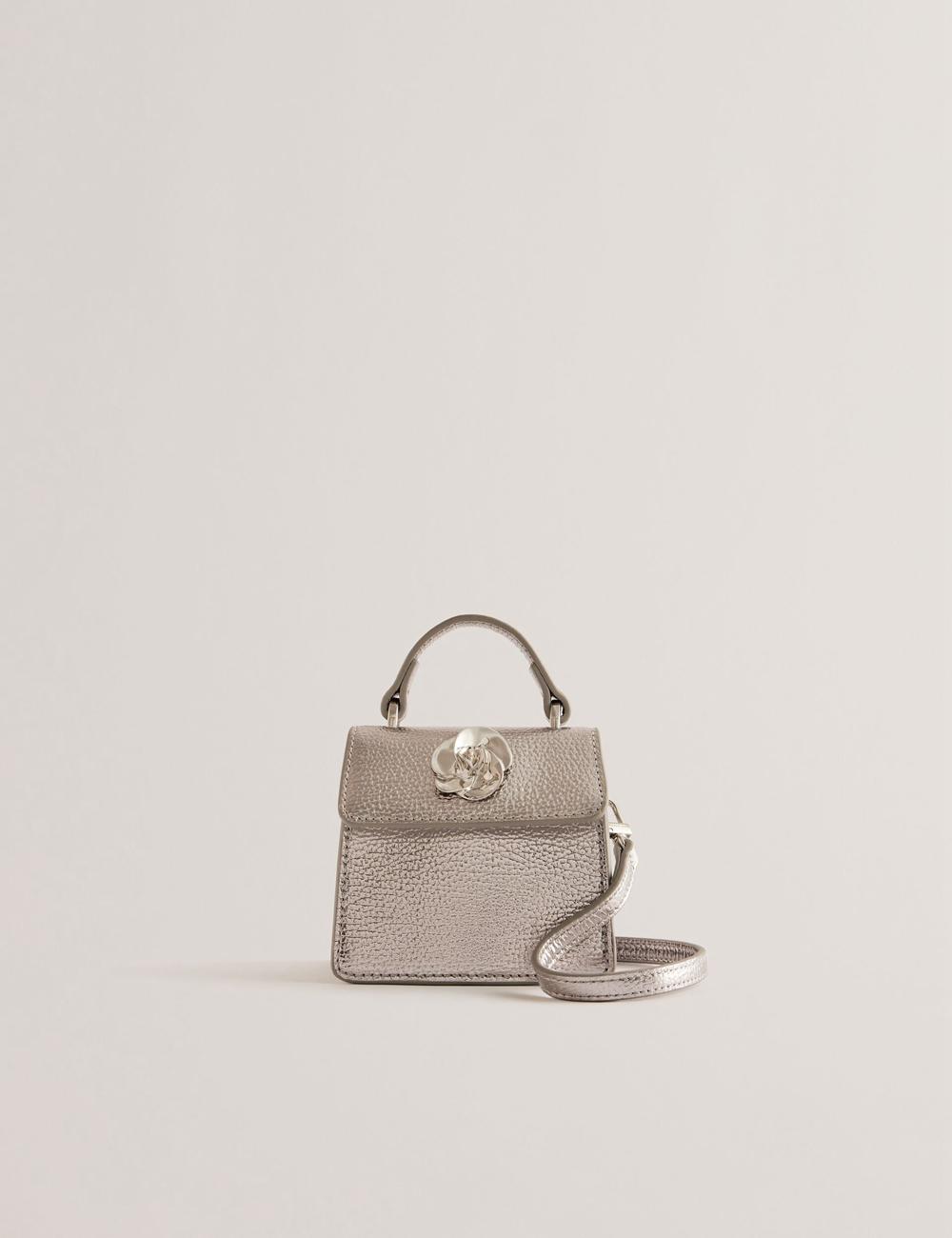 Ted Baker ROSLIE - Metallic Leather Mini Top Handle Women Shoulder Bags Silver | UAE  25310-OTQF