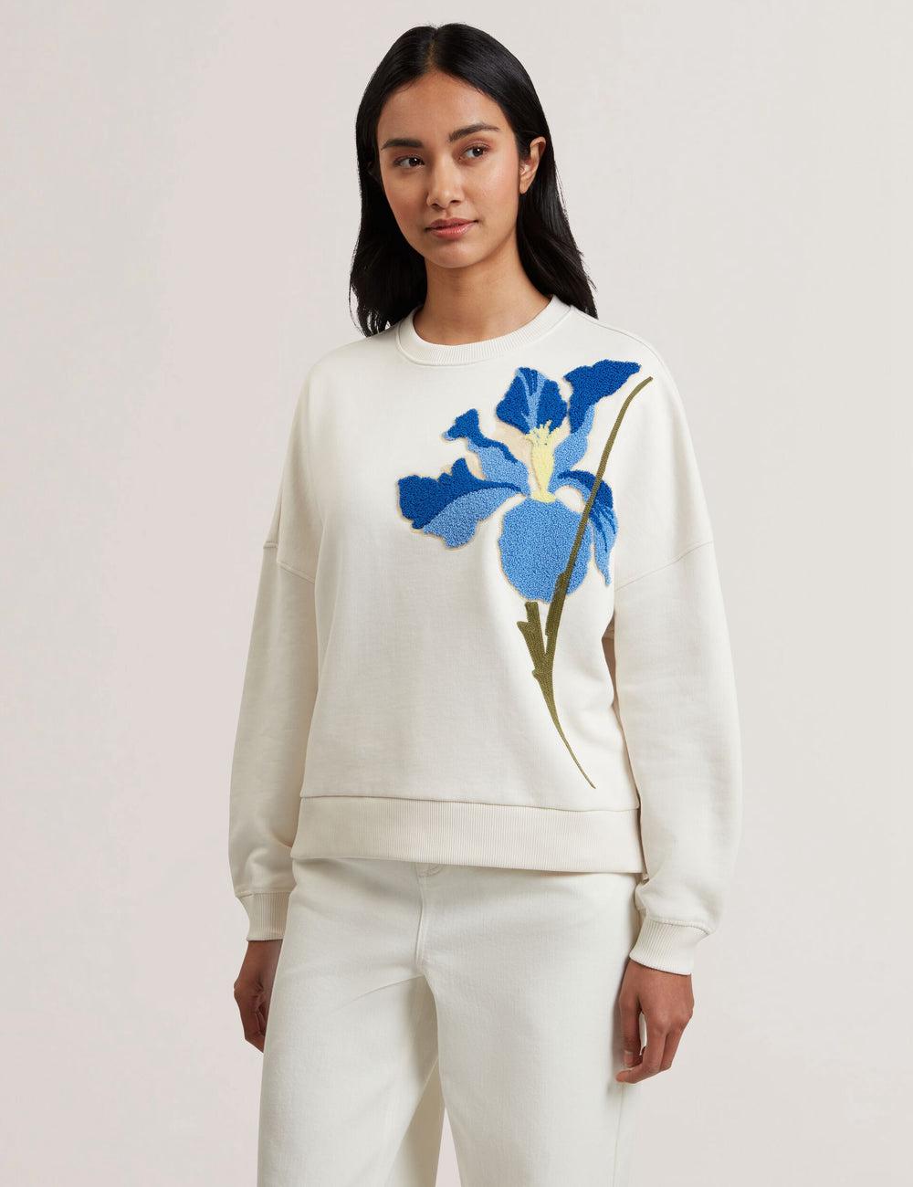 Ted Baker SANDERR - Tufted Floral Graphic Cotton Women Sweatshirts White | UAE  69732-HTAM