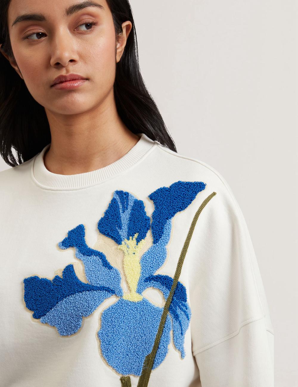 Ted Baker SANDERR - Tufted Floral Graphic Cotton Women Sweatshirts White | UAE  69732-HTAM