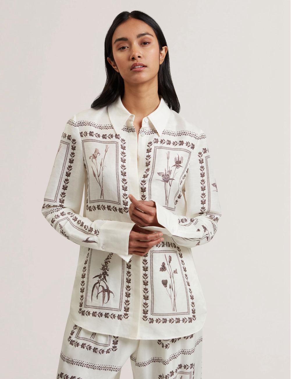 Ted Baker SIMCOA - Panel Print Silk Linen Longline Women Casual Shirts Ivory | UAE  43687-TJMN