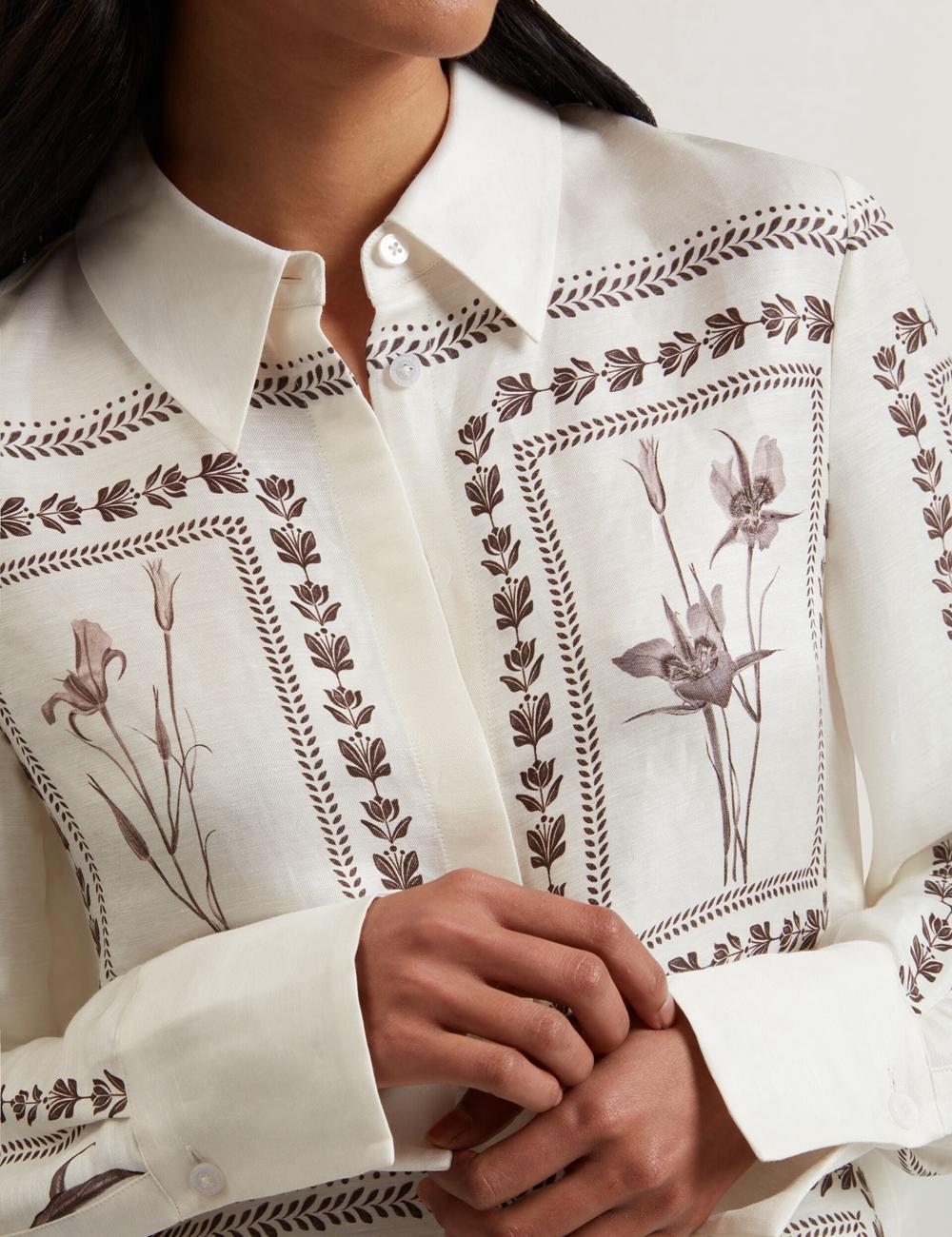 Ted Baker SIMCOA - Panel Print Silk Linen Longline Women Casual Shirts Ivory | UAE  43687-TJMN