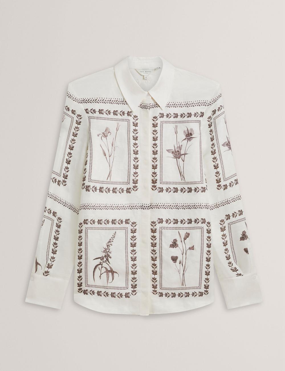 Ted Baker SIMCOA - Panel Print Silk Linen Longline Women Casual Shirts Ivory | UAE  43687-TJMN