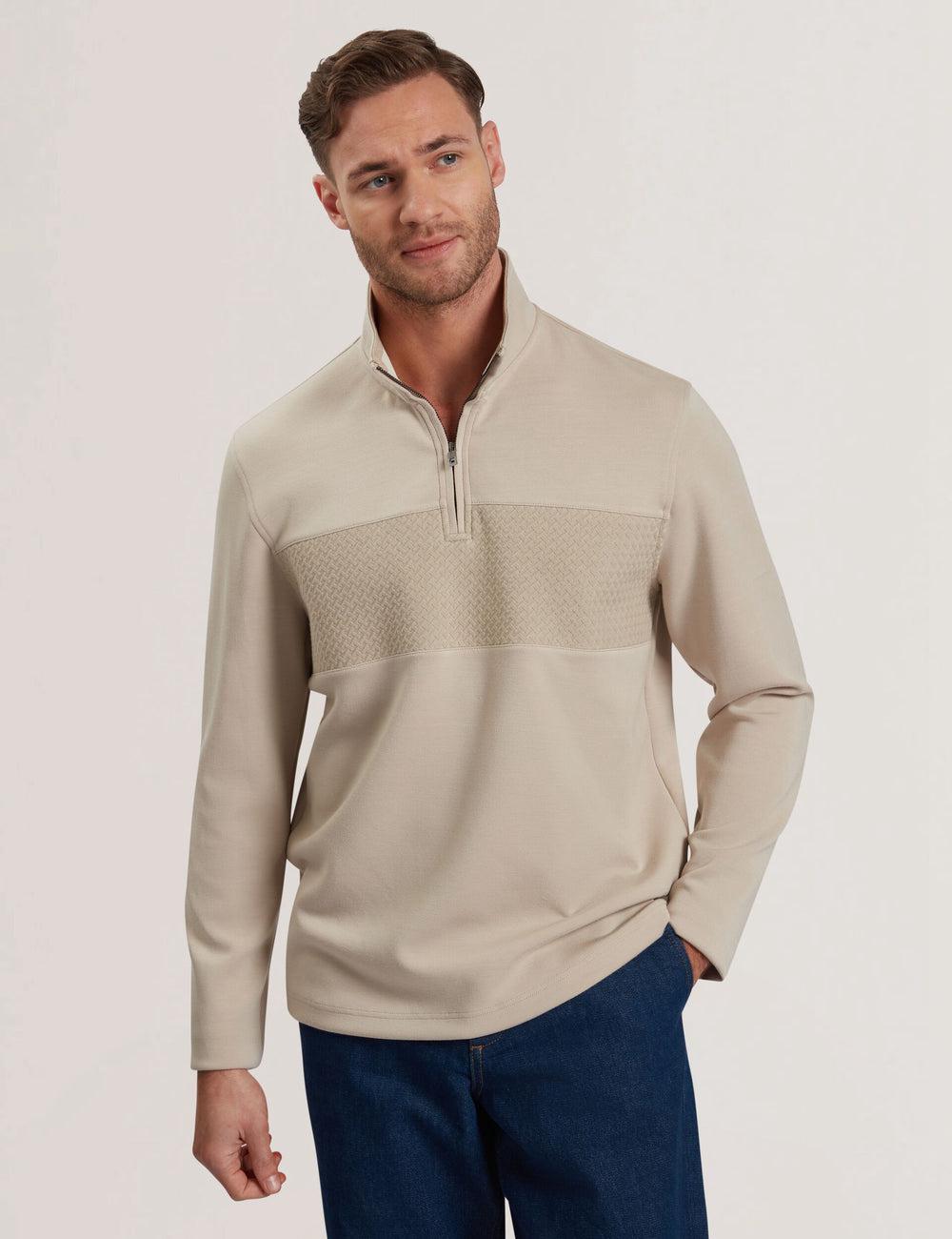 Ted Baker SIMONEA - Textured Panel Half-Zip Modal Men Sweatshirts Taupe | UAE  50739-IKEP
