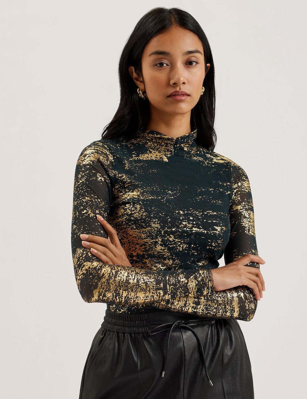 Ted Baker SOFIY - Foil Print High Neck Mesh Top Women Jumpers Dk-Green | UAE  28390-TLPR
