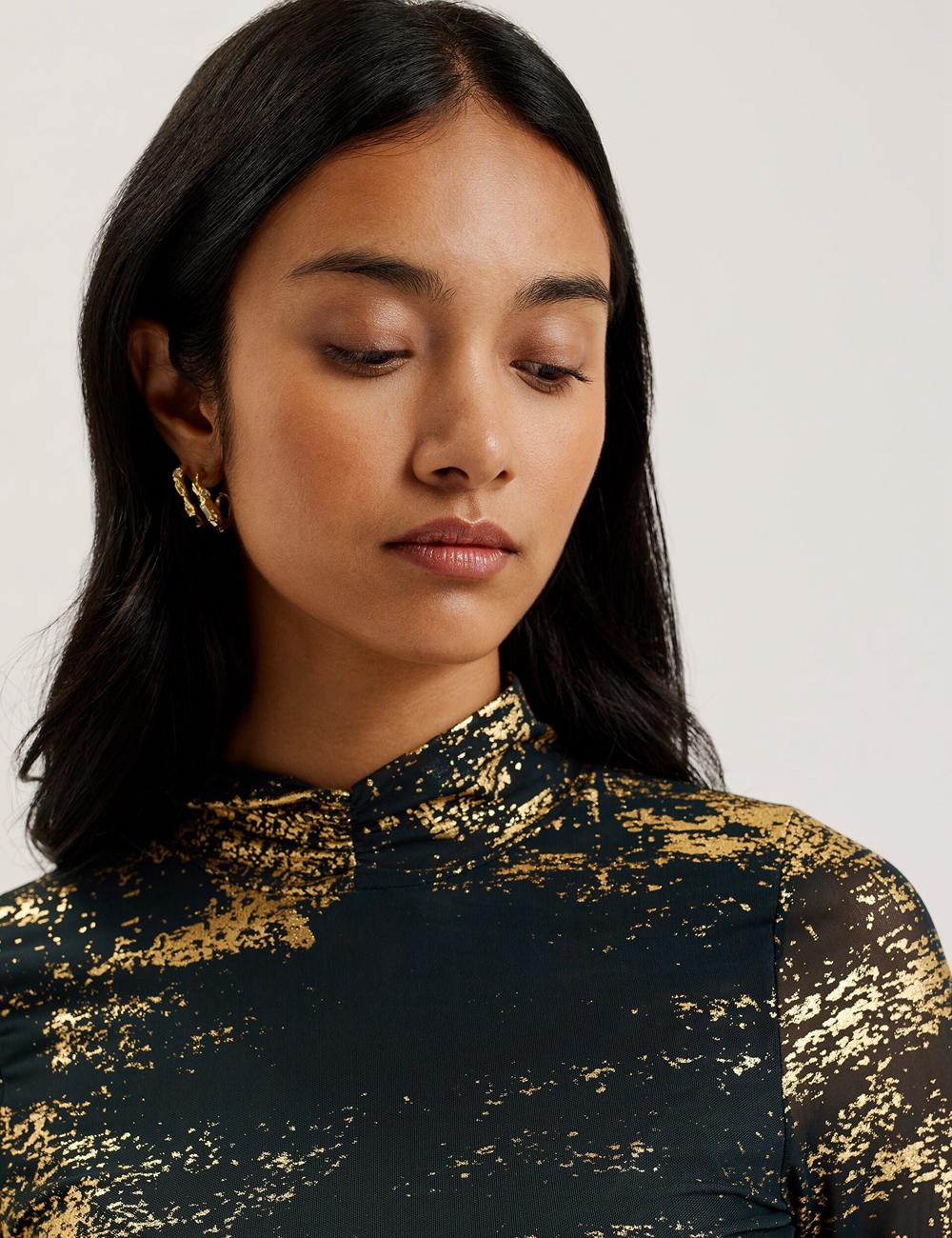 Ted Baker SOFIY - Foil Print High Neck Mesh Top Women Jumpers Dk-Green | UAE  28390-TLPR