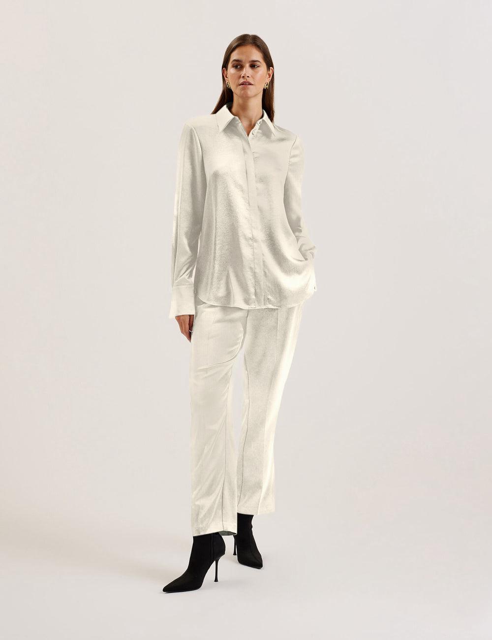 Ted Baker SONORA - Satin Longline Covered Placket Women Formal Shirts Ivory | UAE  69845-CDLV