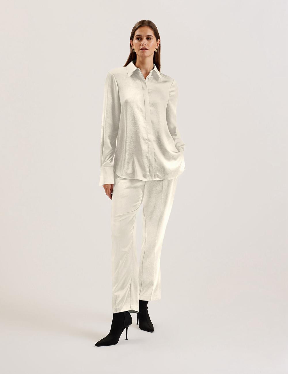 Ted Baker SONORA - Satin Longline Covered Placket Women Formal Shirts Ivory | UAE  69845-CDLV